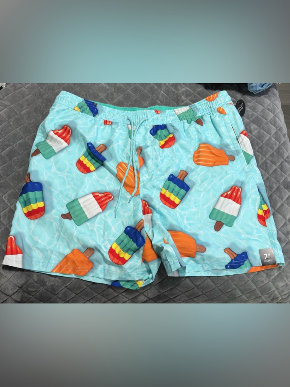 No Boundaries Men's Light Blue Swim Board Shorts with Multicolor Popsicle Print